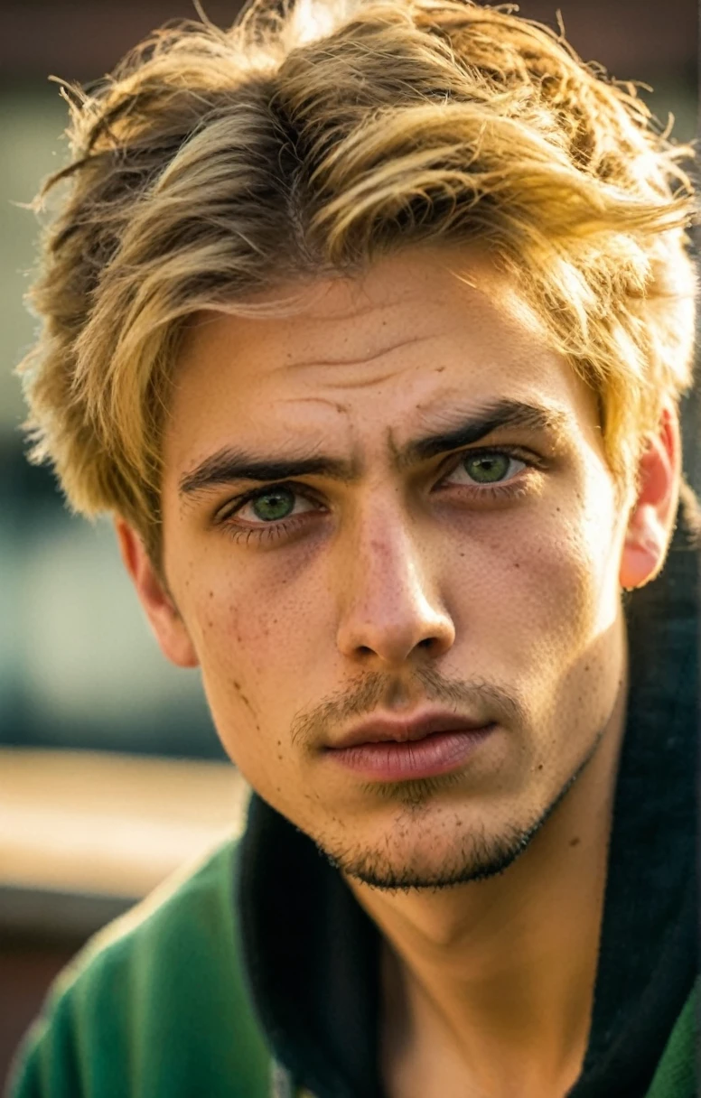 Grunge style 18 year old man,blond hair,clean skin, no wrinkles, no middle part,green eyes,extremely handsome,chiseled jaw,full stubble,skin pores,glossy eyes,(short hair),black harley davidson hoodie,denim jeans,torn jeans,golden hour,sitting on the ledge of a city rooftop,Thorough,analog style,eye focus,highest quality,(highly detailed skin),perfect face,(bokeh:0.6),sharp focus,dappled lighting,(backlighting:0.7),film grain,front view,(upper body:0.9) ., . Textured, vintage, edgy,