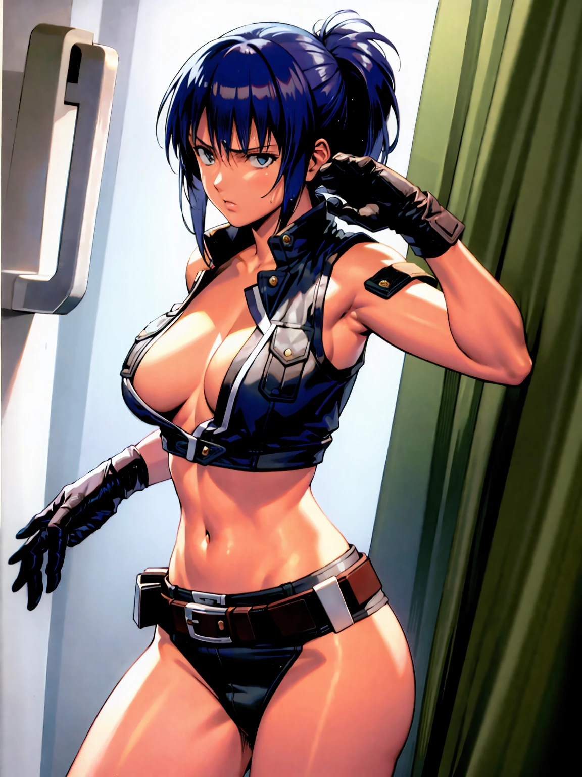 masterpiece, best quality, anime 1990s \(style\, leona heidern,  no bra, fully open vest, thong ,jungle, pony tail, wet, serious, gloves, , sleeveless, belt, touching hair.