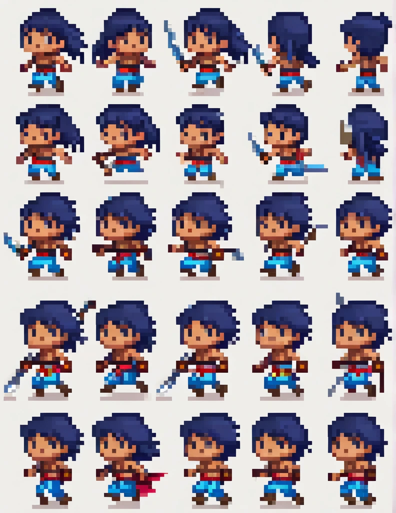 Create a sprite sheet for character animations that includes frames for movement, running, jumping, sword attack, spear attack, and bow attack. Mas o personagem é uma de cabelo azul escuro cor de pele pardo e olhos rosa com uma pequena mochila nas costas de etinia indigena
