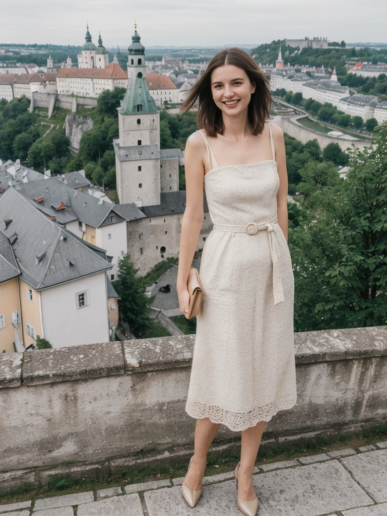 her name is Amelie, high quality, 1girl, ((25-year-old fit Caucasian woman)), ((25 years old)), ((BODY TYPE: HOURGLASS)), ((Shaggy Lob brown hair)), smiling, pose: standing, wearing SOPHISTICATED courant Generation-Z modern wear pastel colored, BACKGROUND: "Exploring the historic Getreidegasse, with its charming shops, historic buildings, and views of the Hohensalzburg Fortress."