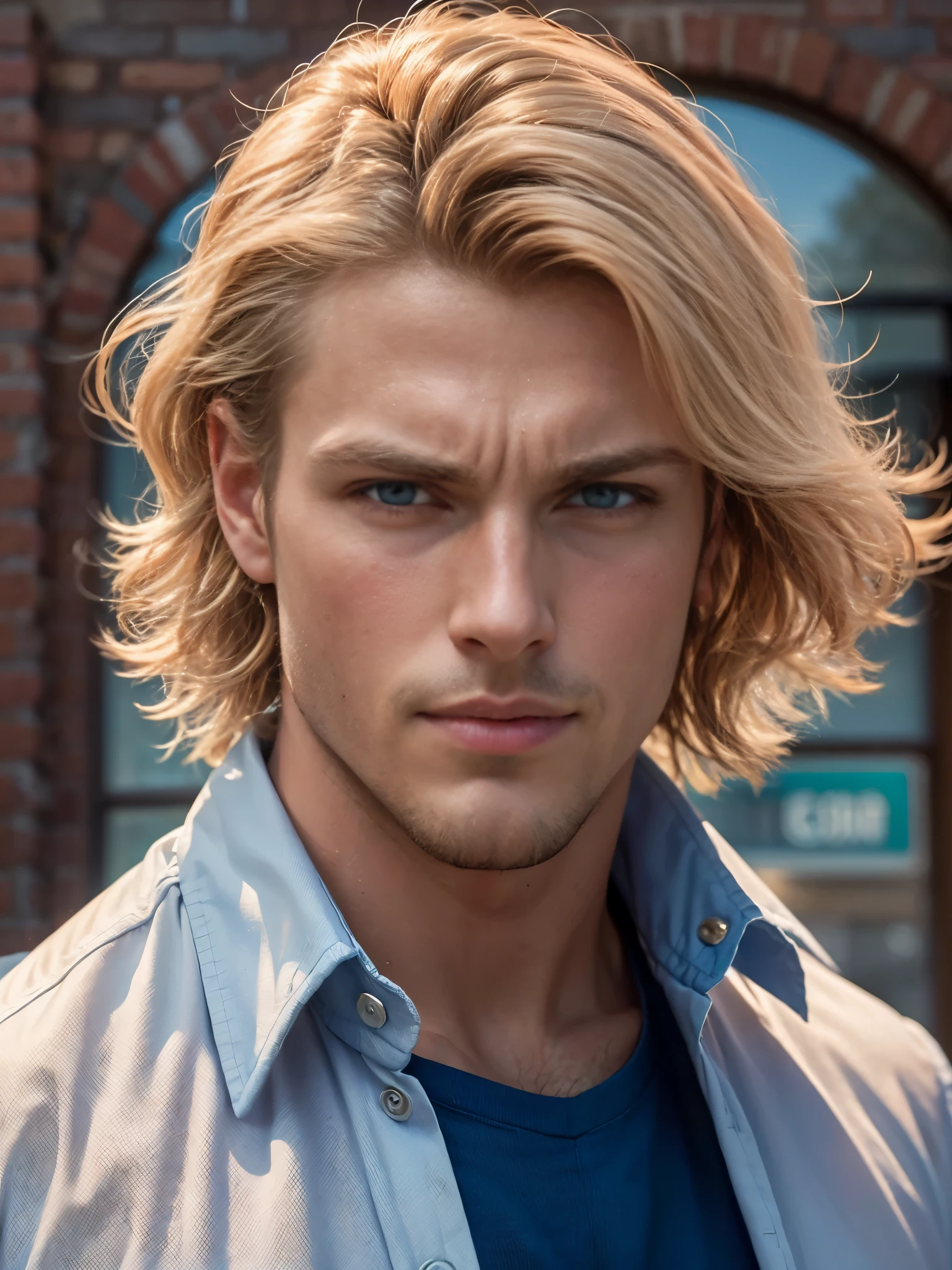 (dramatic illumination, intense color contrast), (solo), portrait of a caucasian man with blond hair and blue eyes, slight smile, wearing jeans, wearing a white dress shirt, wearing an open blue blazer, outside brick school building, (aloof expression), (prep)
(bright spotlight, lively music)