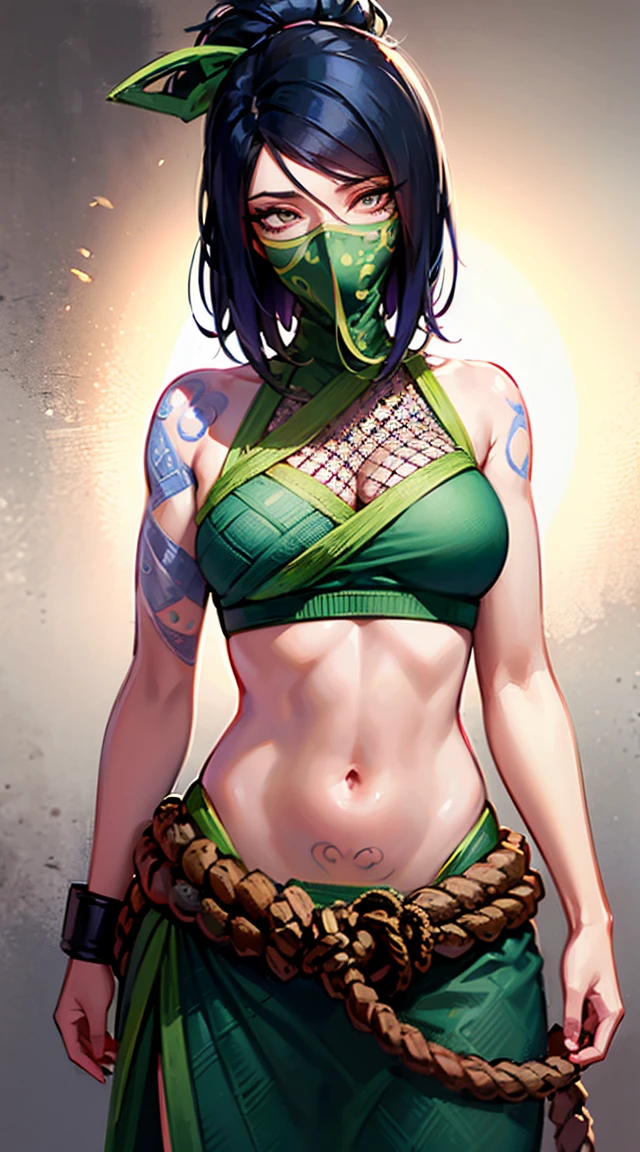 ultra realista 8k CG, work of art, ((ultra detailed background, delicate pattern, intricate-detail)), (highy detailed, fine-details,), (beautifull detailed face, eyes and hair:1.1), 1 girl, akali, gazing at viewer, League of Legends, abdomen, arm tatoo, bangss, blouse, breastsout, fishnet green chemise, hair between the eyes, hip ventilation, long bangss, long hair, mask, tummy, ninja, hypdertailed, rope belt, belt pouch, chemise, standing alone, stomach tatoo, tatoo, sexy, drooling over mask, big pervert, insane pervert, spit mask, face full with saliva