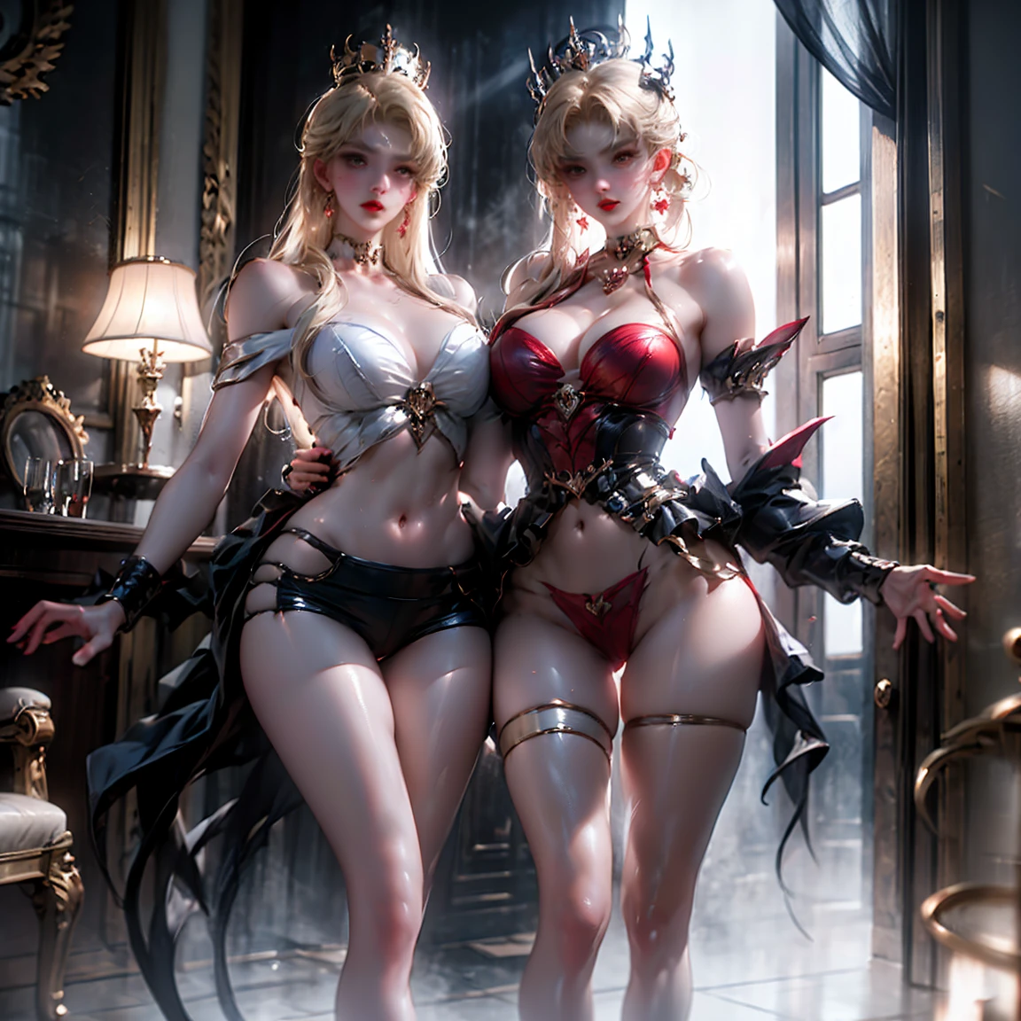 Ultra-clear,Super Resolution,Cute girl,Two girls close contact, 2 girls hugging,Two complete female bodies, Complete two female bodies, Female Love,Sexy, Off-shoulder, window, The rear window is backlit, (Rim Light), Deep understanding, lust, Very shy, ( Reflector lamp), Long legs and chest), Slim waist, Perfect body, Perfect hands, blond hair, purity, Jewelry, necklace, Earrings and Nipple Rings, crown, bookshelf, teapot, Magic Items,Mirror,snake,Tentacles,Cthulhu,Mucus,occultism,Low-light photography, Hip chuck, Glowing skin, Almost no clothes, 只穿Translucent clothing,Almost naked,Lopez, Pretty face, Sexual arousal, Sexual Expression, Hazy Beauty, Camel toe, Anatomically correct, 全身Female Love, Slender legs and waist,Big breasts and thin waist: 2,Sharp focus,The bones are straight,Correct body anatomy,Perfect anatomy,Bigger breasts,Big breasts are beautiful,Big Breasts,Especially huge,Sexual Positions,Translucent clothing,High slit,Sexy bulge,Thin legs,Thin ankles,Dramatic lighting,Vibrant details,Red Eyeshadow,make up,Full lips,Red lips,chiffon,Tight waistband,chiffon手套,see through:2.0,blush,淡粉色Camel toe,Sex slave,Lewd,bursting massive breasts: 2, Sex addict,flush,Less clothing area,Show your belly button,Thin waist,Deep cleavage,Expressing intense sexual pleasure,Sweating,Multicolored Glass,Pixie Short Hair