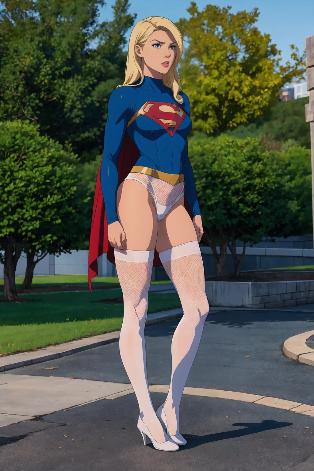 ((full body photo, standing, feet on the ground)) dc comics, supergirl,white panty, fishnet pantyhose,