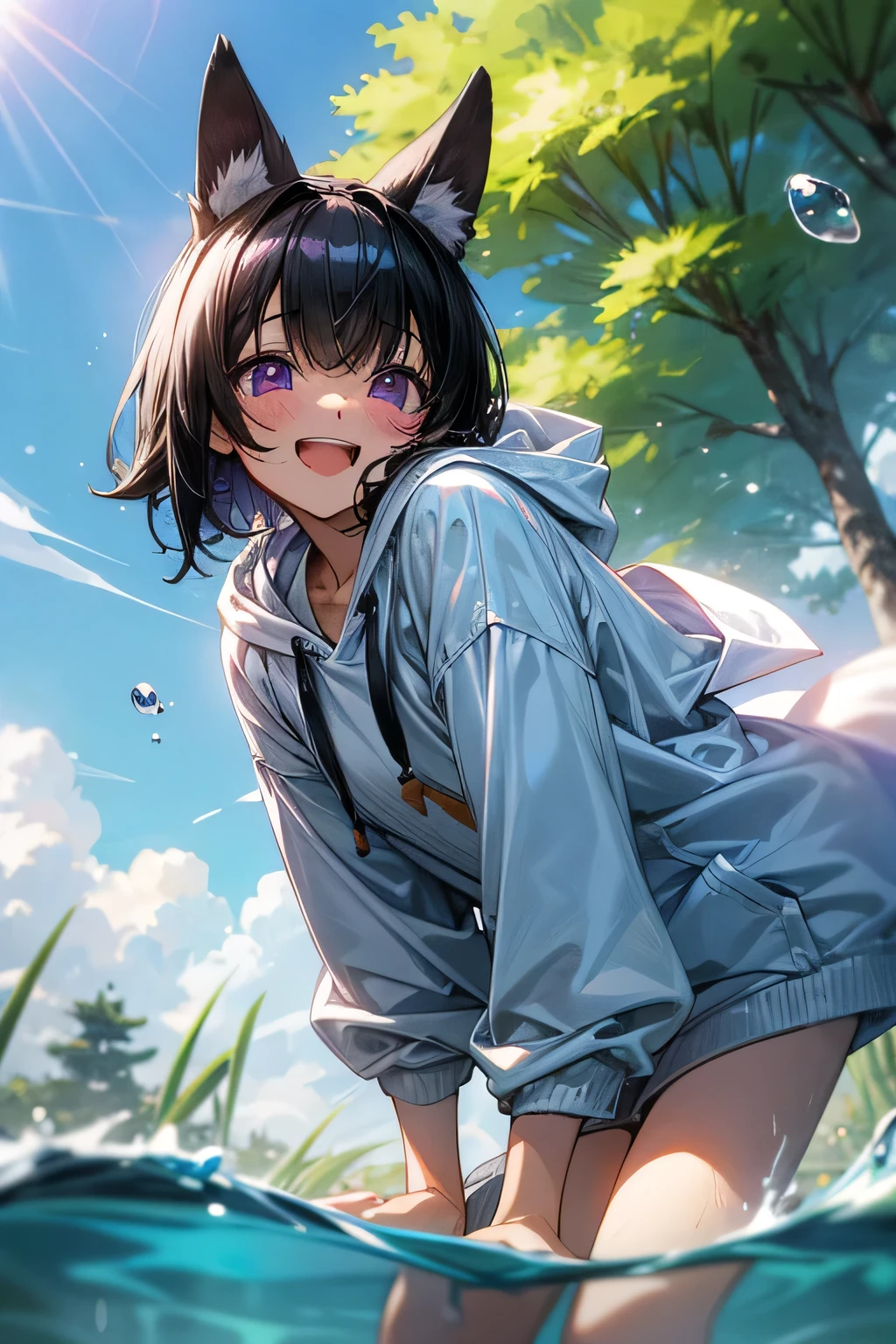 One girl、masterpiece、high quality、A fine girl、Black Hair、short hair、Purple Eyes、Drooping eyes、Round eyes、Young、Laughing happily、smile、Innocent、fine、Feeling embarrassed、Dog ears、cute、Very cute、fine、prank、White hoodie、nature、Blue sky、water、Water splash、A little wet、buzzer、buzzerの匂い