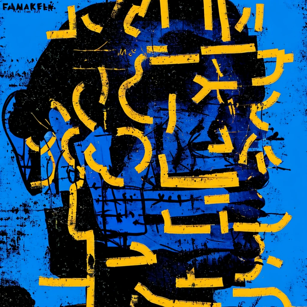 Folks, Colorful 1 prince, solo, simple background, black hair, english text, blue background, abstract, album cover