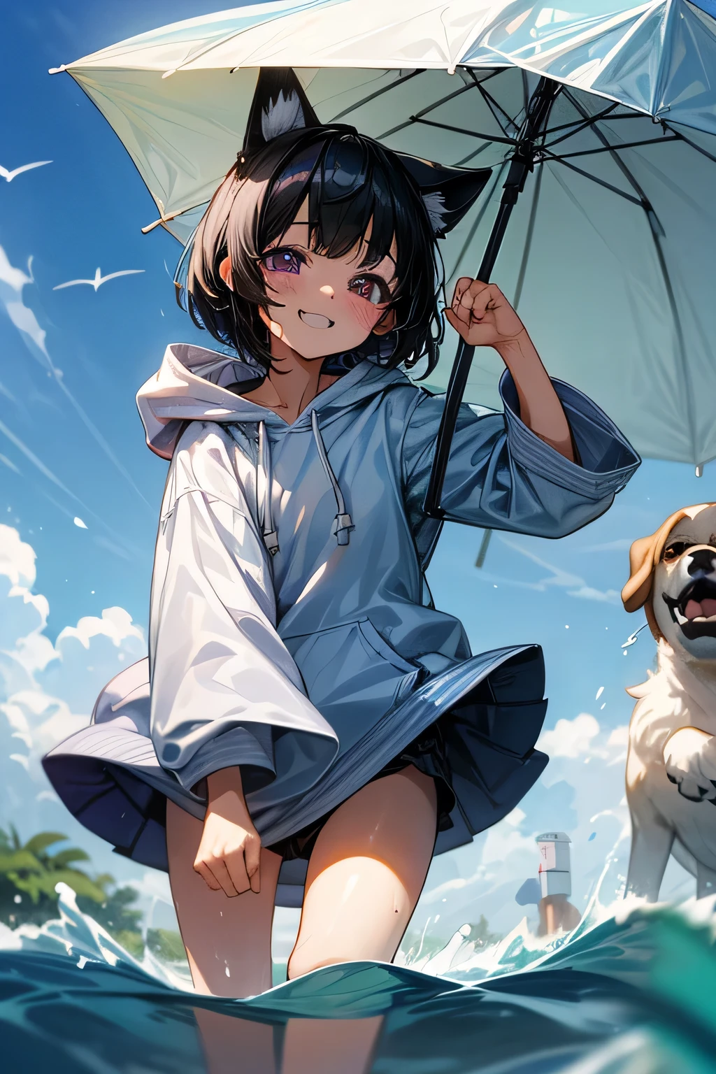 One girl、masterpiece、high quality、A fine girl、Black Hair、short hair、Purple Eyes、Drooping eyes、Round eyes、Young、Laughing happily、smile、Innocent、fine、Feeling embarrassed、Dog ears、cute、Very cute、fine、prank、White hoodie、nature、Blue sky、water、Water splash、A little wet、buzzer、buzzerの匂い