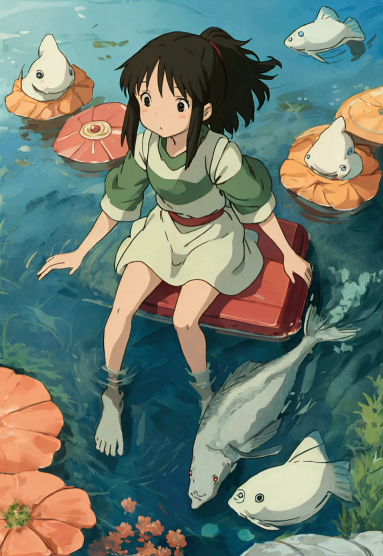 Ghibli In the water Girl riding on a fish surrounded by fish