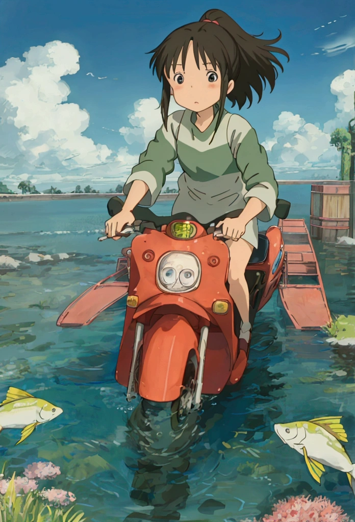 Ghibli In the water Girl riding on a fish surrounded by fish