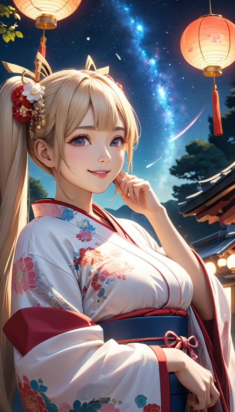 8k resolution, masterpiece, Highest quality, Award-winning works, unrealistic, SFW, elegant, Very detailed, Digital Painting, artステーション, コンセプトart, Smooth, Sharp focus, shape, artジャム、Greg Rutkowski、Alphonse Mucha、William Adolphe Bouguereau、art:Stephanie Law , , Royal Jewel, , Full Shot, Symmetric, Greg Rutkowski, Charlie Bowwater, beep, Unreal 5, Surreal, Dynamic Lighting, ファンタジーart, Complex色, Gion, Kyoto, Numerous fireflies, fire works, milky way, shooting stars, Small face, Very delicate look, , Delicate facial depiction, Delicate eye depiction, Upper body close-up, Alluring, erotic, dynamic sexy pose, sole sexy girl, healthy body, Age 22, , , ,, doaxvv_Marie Rose, geisha, height: 160cm, huge firm bouncing busts, , Very long wavy blonde hair, Twin tails, Glowing Skin, Sweat, Smiling at the camera, look up, Invincible laughter, Complex, traditional Japanese see-through yukata,