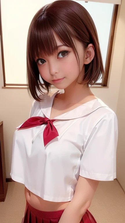((White short sleevesセーラー服、女子White short sleeves水兵服))、((Summer clothes、White short sleeves、Navy blue pleated mini skirt、Red ribbon、I can see your belly button))、1 girl、21 years old、Tight Abs、Slim body、masterpiece:1.3、Highest quality、Raw photo、Bob Hair、Brown Hair、Big Breasts、