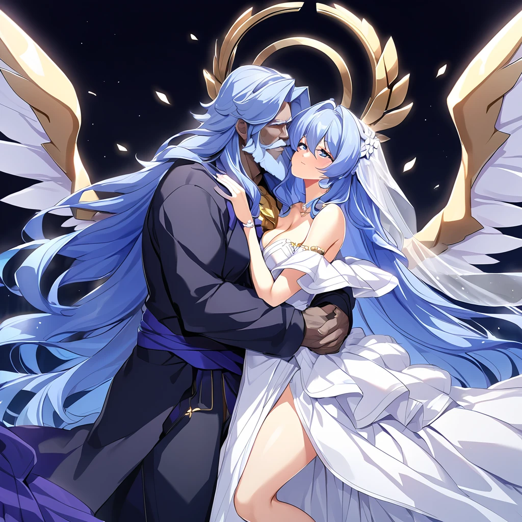 ((Highest quality)), ((masterpiece)), (detailed), (Perfect Face)、The woman embraces Zeus, the great, strong, bearded old man who is the chief god of Greek mythology, kisses him with a vow, and they make love by having sex and impregnating each other on a luxurious bed in heaven.、Women are messengers of God and great angels.6An archangel and god with wings and a shining halo above his head.々The wife of Zeus, the king of the gods, the goddess Extia、The woman is the beautiful Queen of the Gods, Goddess Extia, with medium-long blue hair. She is wearing a gorgeous white wedding dress with gold embroidery and trim, a white wedding veil, an engagement ring, and gorgeous accessories. She is an elegant goddess and a beautiful queen of the gods.