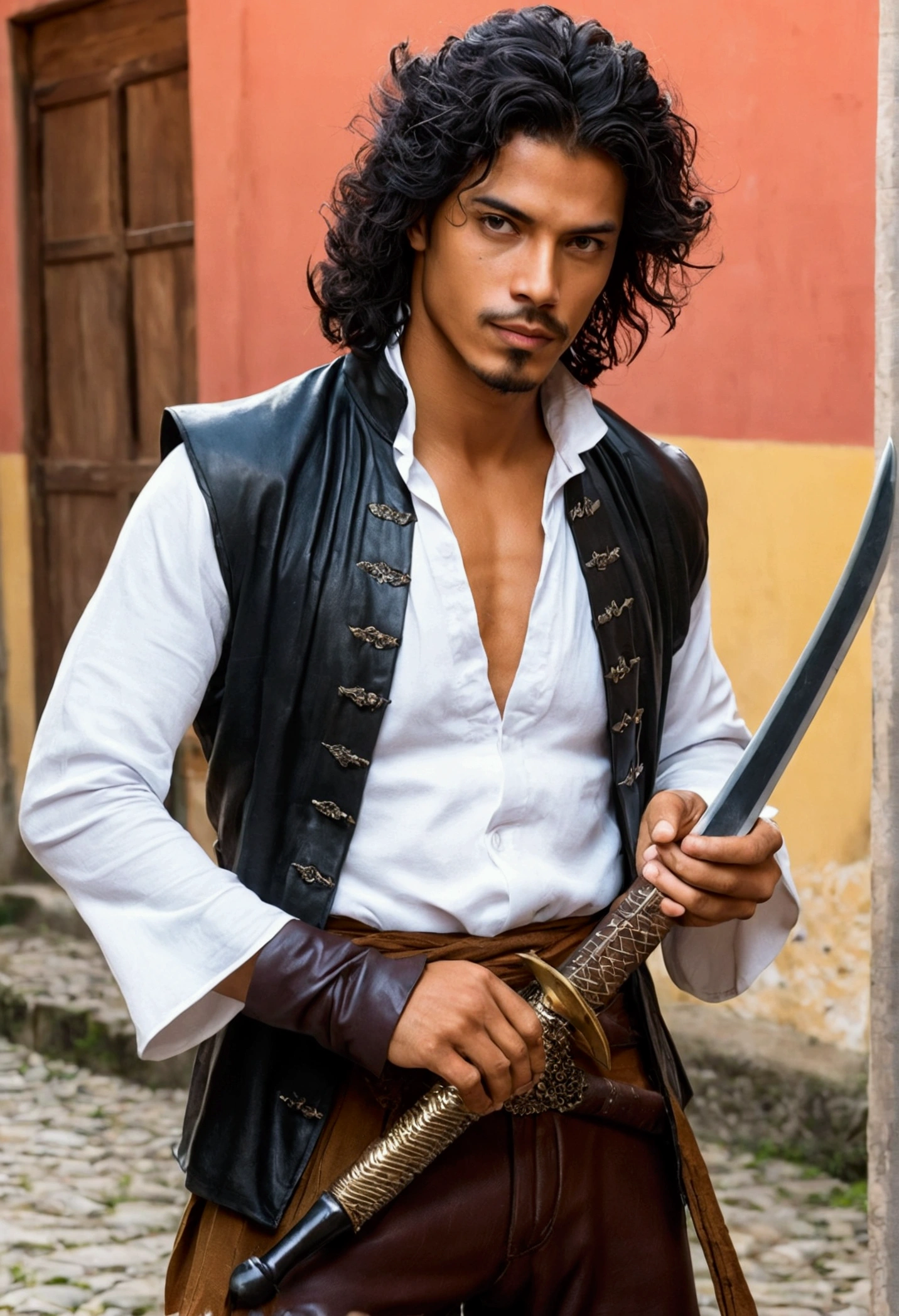 Rai, the Swordsman of Iucali, He is a young man with a striking presence. He has a medium height and an agile, well-defined body., result of his intensive training in fencing. His hair is black and disheveled, giving it a carefree and rebellious air. Os olhos castanhos de Rai brilham com uma mistura de confiança e audácia, always pay attention to your surroundings. He wears practical, slightly worn clothes, consisting of leather pants and boots inherited from his Portuguese master, combined with white tsiski that cover their torso. constantly, he carries Clarenice with him, your sword thin and sharp, and a guitar that reflects his love for music and bohemia.