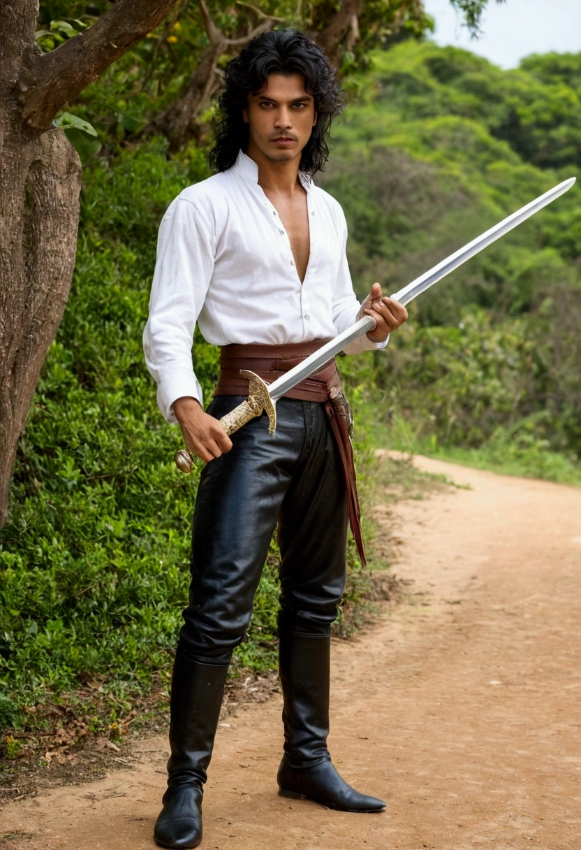Rai, the Swordsman of Iucali, He is a young man with a striking presence. He has a medium height and an agile, well-defined body., result of his intensive training in fencing. His hair is black and disheveled, giving it a carefree and rebellious air. Os olhos castanhos de Rai brilham com uma mistura de confiança e audácia, always pay attention to your surroundings. He wears practical, slightly worn clothes, consisting of leather pants and boots inherited from his Portuguese master, combined with white tsiski that cover their torso. constantly, he carries Clarenice with him, your sword thin and sharp, and a guitar that reflects his love for music and bohemia.