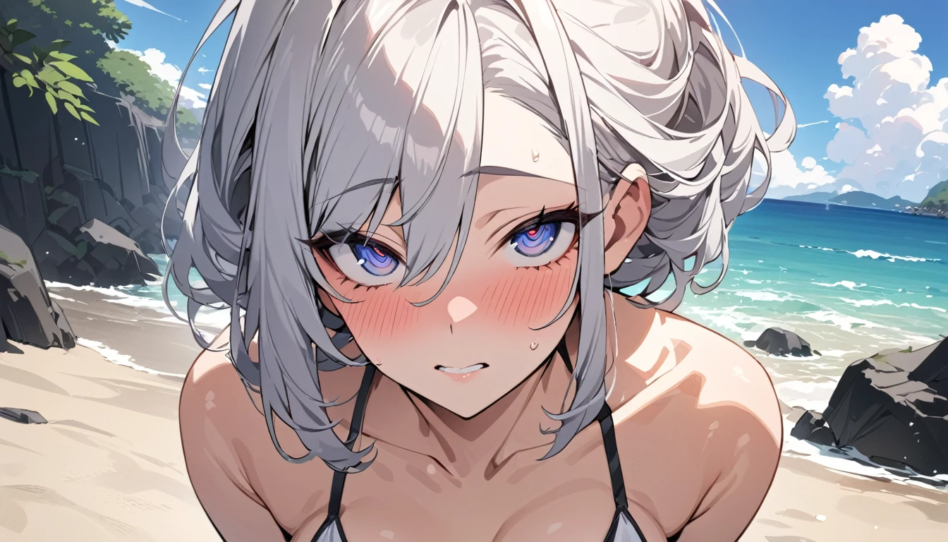 masterpiece, High resolution, perfect face, Japan beauties, 30 years old, beautiful face, beach, sexy bikini, embarrassed look, look at the camera, (top quality eyes), detailed texture, Look at me, Married woman, cool women, ((high resolution eyes)), hentai