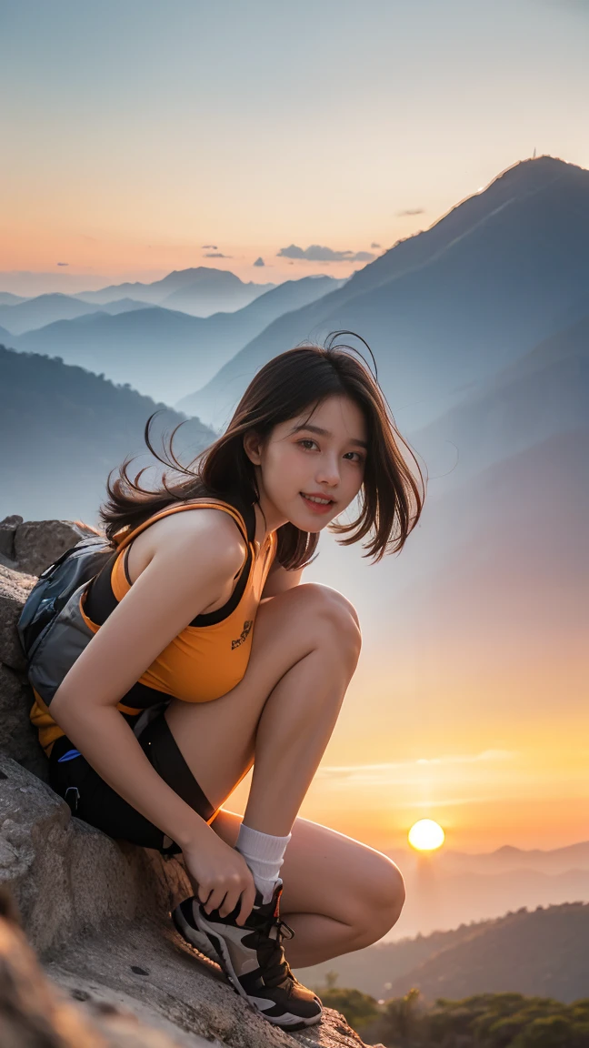 no, Ray Tracing, Radio City, Anisotropic filtration, 16,000, best quality, 1 woman, alone, mature,  beautiful mountain climber, shorts hiking clothes, Gradient long hair, climbing equipment、laugh、orange sunset、big breasts、valley