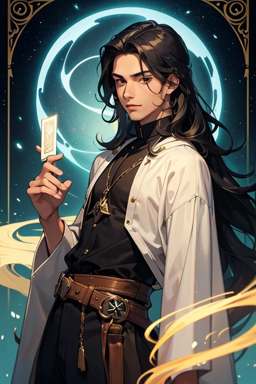 A young 20 year old boy with tan skin, jet wavy chin length hair, with a soft but mysterious countenance that makes it obvious that he is a sorcerer with great affiliation to the tarot