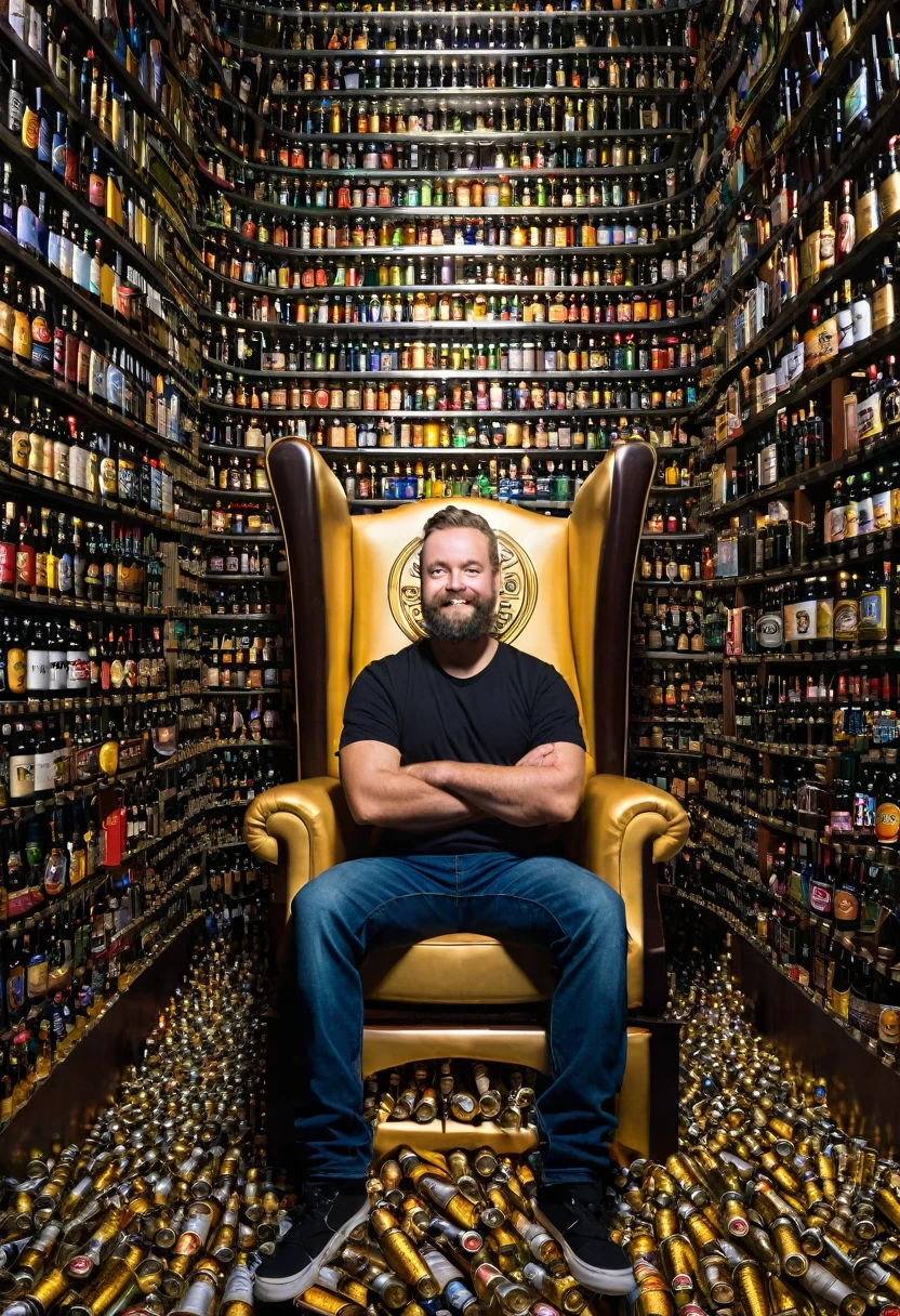 Create a man sitting on a beer throne with 1 million beers behind him.