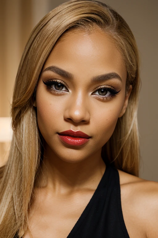 light skin biracial woman with golden blond hair and light brown eyes with makeup, black eyeshadow and red lips