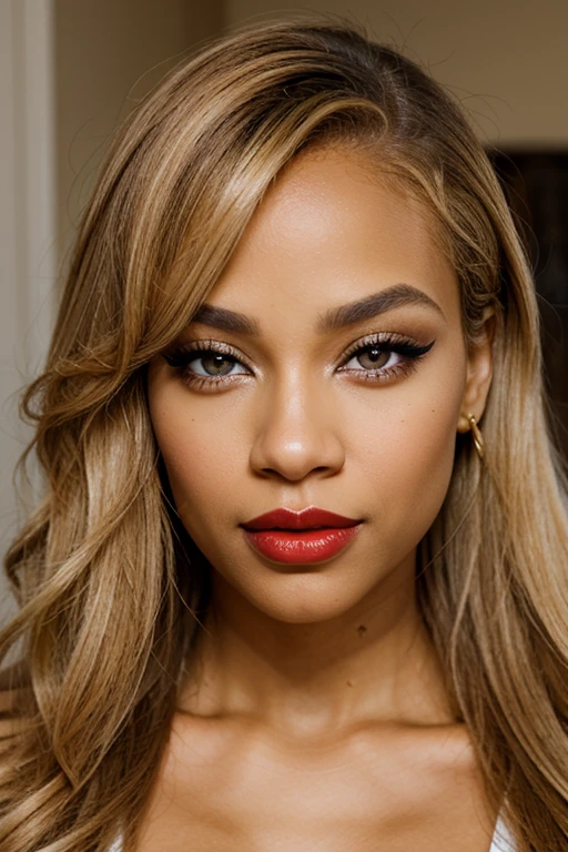 light skin biracial woman with golden blond hair and light brown eyes with makeup, black eyeshadow and red lips