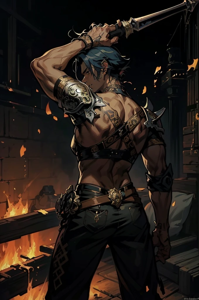 (absurdities, High Resolutions, ultra detailed, HDR), Masterpiece, The best quality, final fantasy xvi, clive rosfield, 1man only, handsome, short hair, black hair, vibrant blue eyes, fine eyes and detailed face, (((fire, llamas, To his back)) armor, ((Intricate weapon)). Final Fantasy, clive rosfield,, abs, badass pose, Anime boy with hands on head, Beautiful anime pose, Anime hombre handsome, anime male character, Badass Anime 8K, Detailed anime character art, HDR Anime MacManus Anime Concept, anime boy, Ikuto Yamashita, CG anime soft art, manga wallpaper 4k, inspired by Yamagata Hiro, anime wallaper