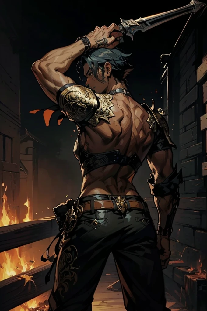 (absurdities, High Resolutions, ultra detailed, HDR), Masterpiece, The best quality, final fantasy xvi, clive rosfield, 1man only, handsome, short hair, black hair, vibrant blue eyes, fine eyes and detailed face, (((fire, llamas, To his back)) armor, ((Intricate weapon)). Final Fantasy, clive rosfield,, abs, badass pose, Anime boy with hands on head, Beautiful anime pose, Anime hombre handsome, anime male character, Badass Anime 8K, Detailed anime character art, HDR Anime MacManus Anime Concept, anime boy, Ikuto Yamashita, CG anime soft art, manga wallpaper 4k, inspired by Yamagata Hiro, anime wallaper