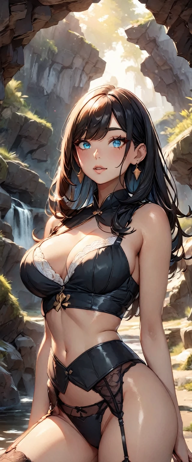 Photo of a woman with natural skin, Upper Body, Seaside cave, The light is shining in, High Twintails, Black hair with red mesh, Sharp eyes with red eyeshadow, Blue-green eyes, Shining eyes, A thin, upturned nose, Well-shaped lips, Big Breasts, ((bra, Bustier, garter belt, Thighs, Bite)), Makeup, Exquisitely crafted with the utmost attention to detail, Vibrant, amazing, Smooth, Cinematic, 4K, Backlight, (()), Shallow depth of field, ((Detailed eyes:1.3, Detailed lips:1.3, high quality, )), masterpiece, Super detailed images, High quality