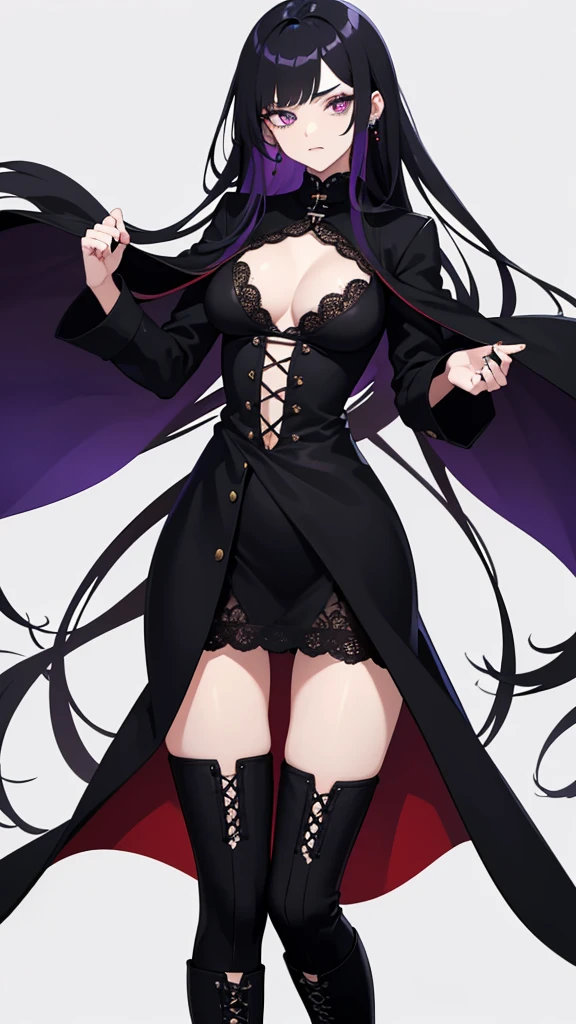 Young woman, 21 years old, full length, White background. Black hair with red ends. Emphasis on hairstyle. One eye is blue, Other purple. Focus on eye color. Pierced nose with ring on the left. haughty expression on his face. Long winter black coat that is fully buttoned, lace-up boots