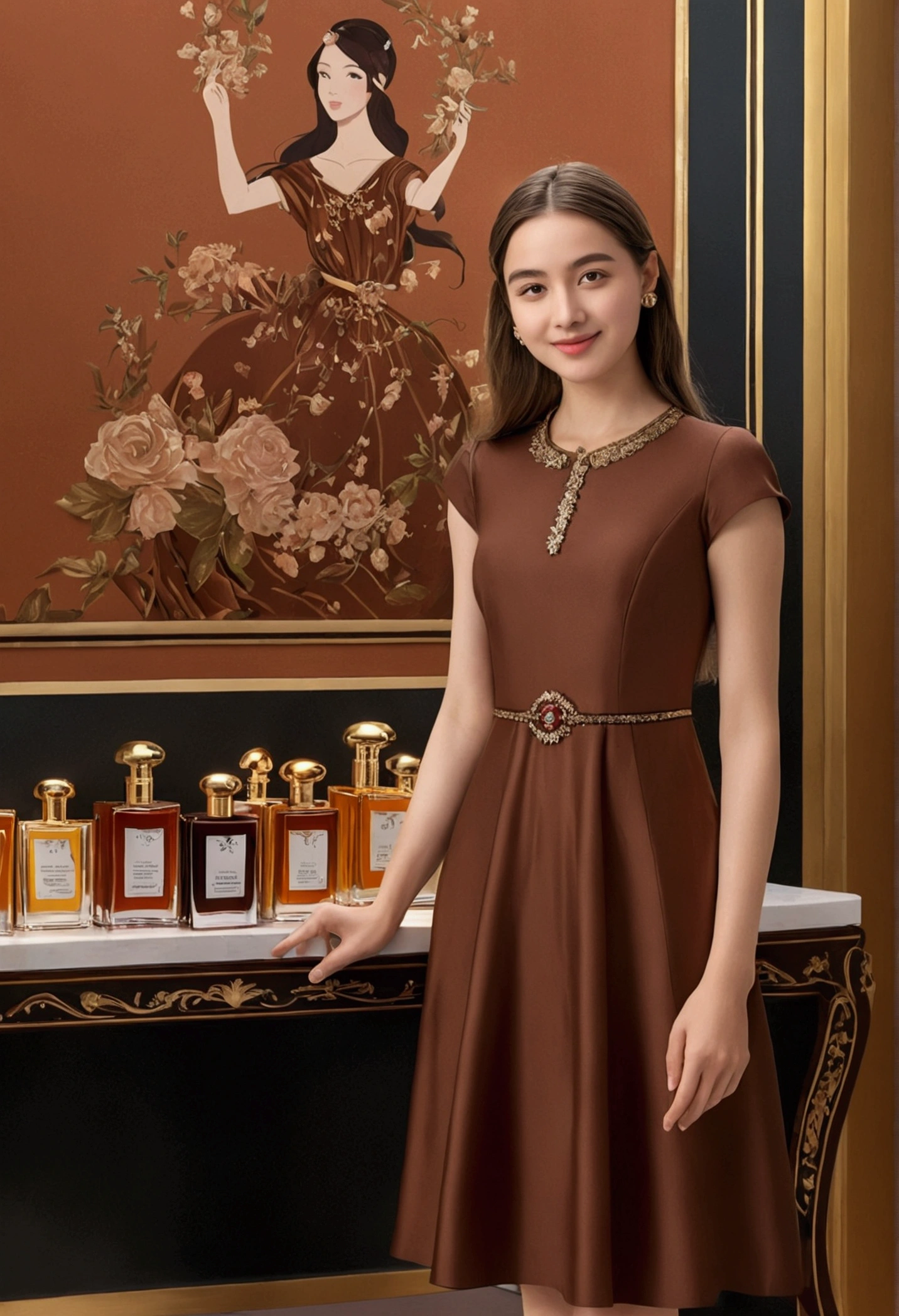 ((work of art,best qualityer)), 4K, high resolution, 1 girl, standing alone, ssmile, brown dress, (perfumer&#39;s outfit2:1.2), 