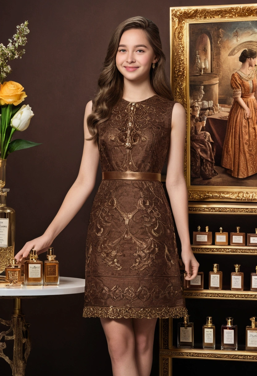((work of art,best qualityer)), 4K, high resolution, 1 girl, standing alone, ssmile, brown dress, (perfumer's outfit2:1.2),