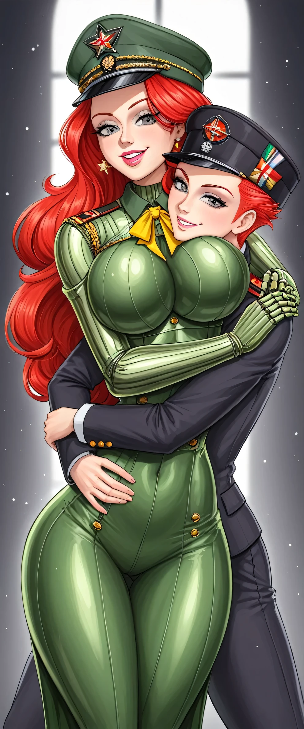 A Soviet military girl, tall, sexy, good, big breast, friendly, happy, long red hair, smooth, her gray eye, pink lip, she dresses in a green metallic top, a black patch, her chest, her waist, a yellow ribbon, and her pants, metallic green, big thigh, sensual big yellow boot, wearing a black Soviet winter cap, she is happy. hug his twins bad sister dark dictatorship villainous murderer