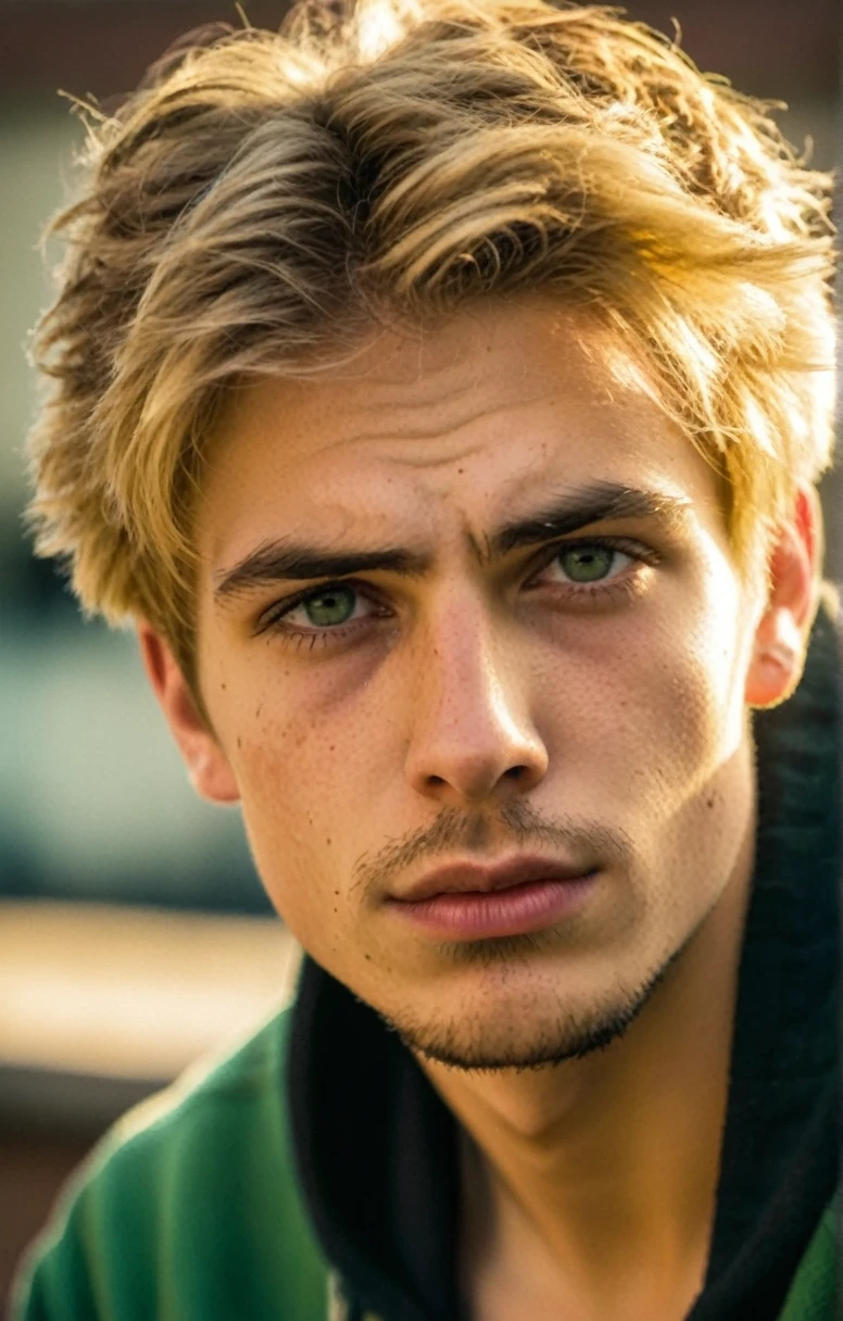 Grunge style 18 year old man,blond hair,clean skin, no wrinkles,green eyes,extremely handsome,chiseled jaw,full stubble,skin pores,glossy eyes,(short hair no middle part),black harley davidson hoodie,denim jeans,torn jeans,golden hour,sitting on the ledge of a city rooftop,Thorough,analog style,eye focus,highest quality,(highly detailed skin),perfect face,(bokeh:0.6),sharp focus,dappled lighting,(backlighting:0.7),film grain,front view,(upper body:0.9) ., . Textured, vintage, edgy,