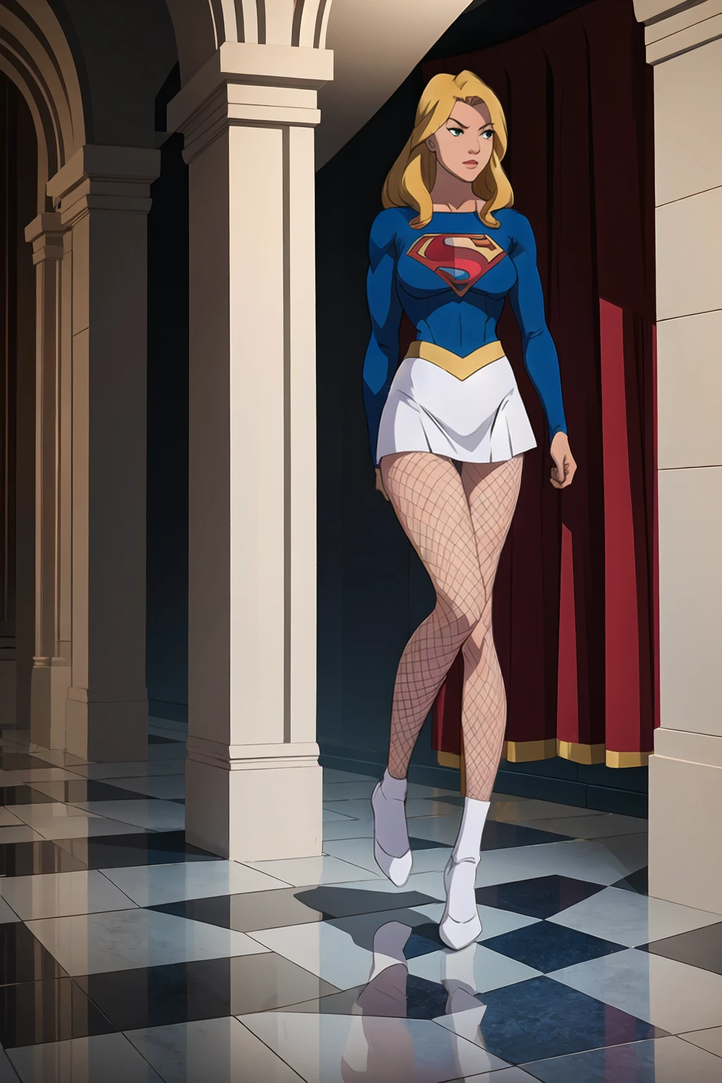 ((full body photo, standing, feet on the ground)) dc comics, supergirl,white panty, fishnet pantyhose,