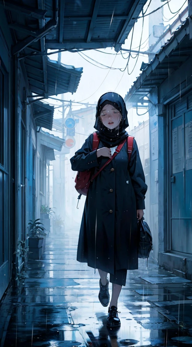 masterpaintings,optimal quality,downpour,A muslim lady with loose hijab, Extremely depressing,with redblack backpack ,weeping,Hold a headache and cry