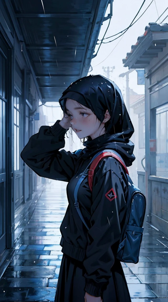 masterpaintings，optimal quality，downpour，A muslim lady with loose hijab, Extremely depressing，with redblack backpack ，weeping，Hold a headache and cry