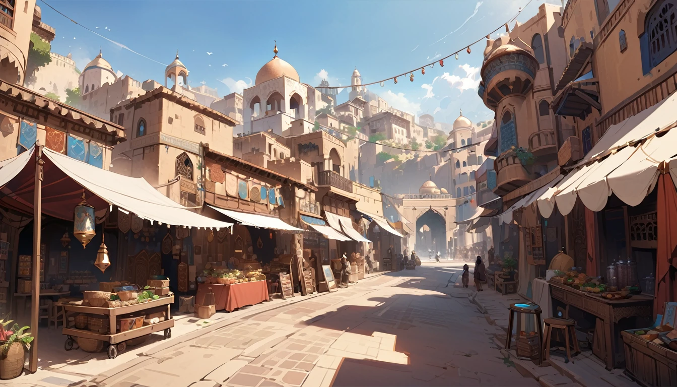Highest quality,masterpiece,Arabian style town,landscape,There are no humans,Fantasy,Charming streetscape,Concept Art,Fantasy,market,high resolution,4K,Atmospheric