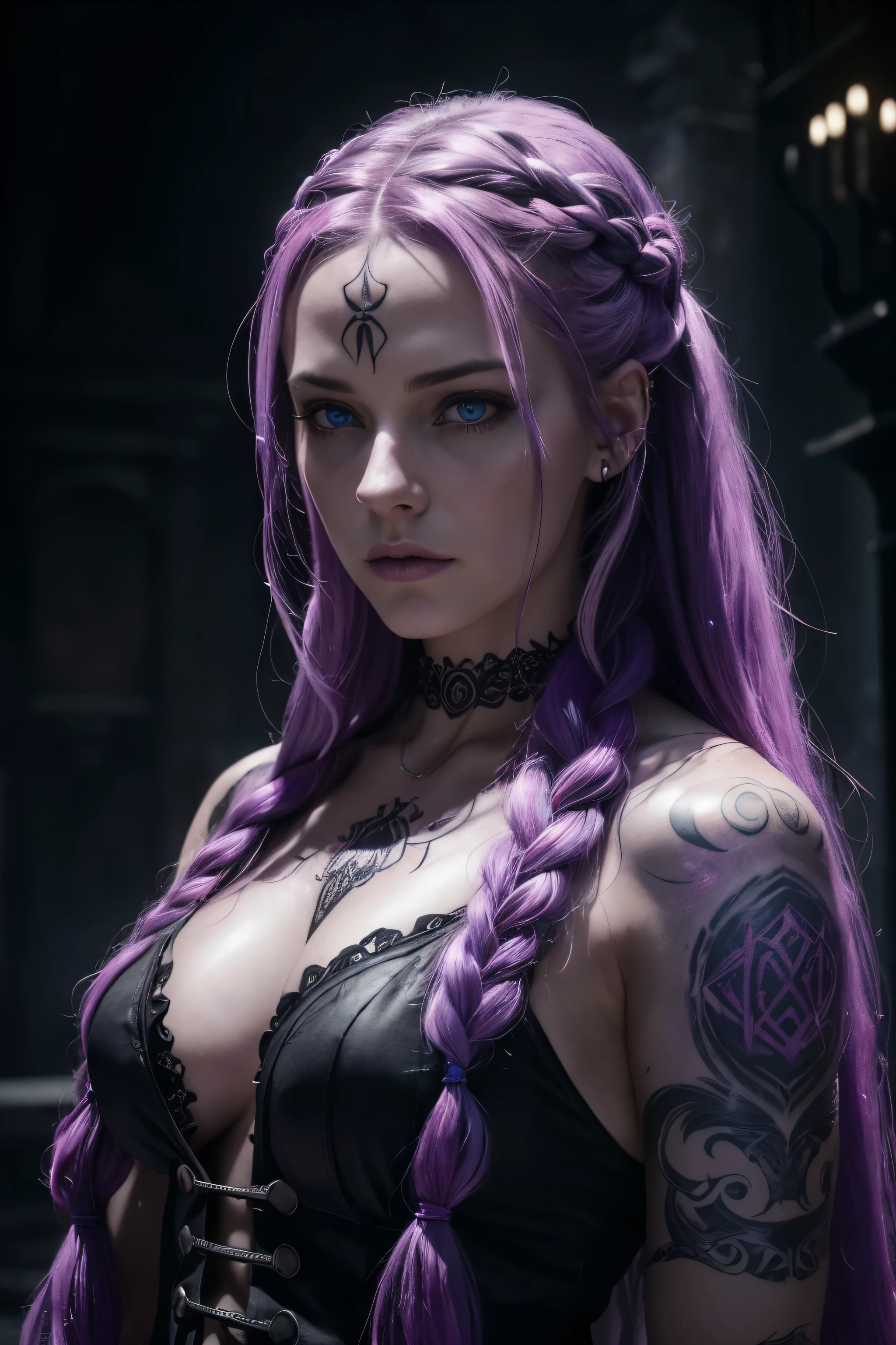 a dark soul witch, woman with long braided hair, purple and pink hair, piercing blue eyes, runes tattoos, (best quality,4k,8k,highres,masterpiece:1.2),ultra-detailed,(realistic,photorealistic,photo-realistic:1.37),intricate detailed portrait, dark fantasy, dramatic lighting, moody atmosphere, cinematic composition