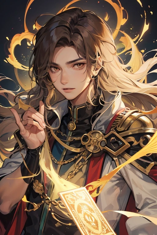 A young 20 year old boy with tan skin, jet wavy chin length hair, with a soft but mysterious countenance that makes it obvious that he is a sorcerer with great affiliation to the tarot