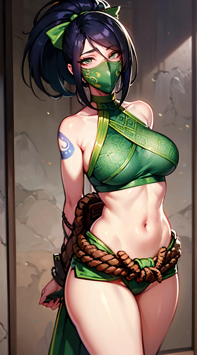 ultra realista 8k CG, work of art, ((ultra detailed background, delicate pattern, intricate-detail)), (highy detailed, fine-details,), (beautifull detailed face, eyes and hair:1.1), 1 girl, akali, gazing at viewer, League of Legends, abdomen, arm tatoo, bangss, blouse, breastsout, fishnet green chemise, hair between the eyes, hip ventilation, long bangss, long hair, mask, tummy, ninja, hypdertailed, rope belt, belt pouch, chemise, standing alone, stomach tatoo, tatoo, sexy, drooling over mask, big pervert, insane pervert, spit mask, face full with saliva, areola exposed, areola show, areola visible, giant areola