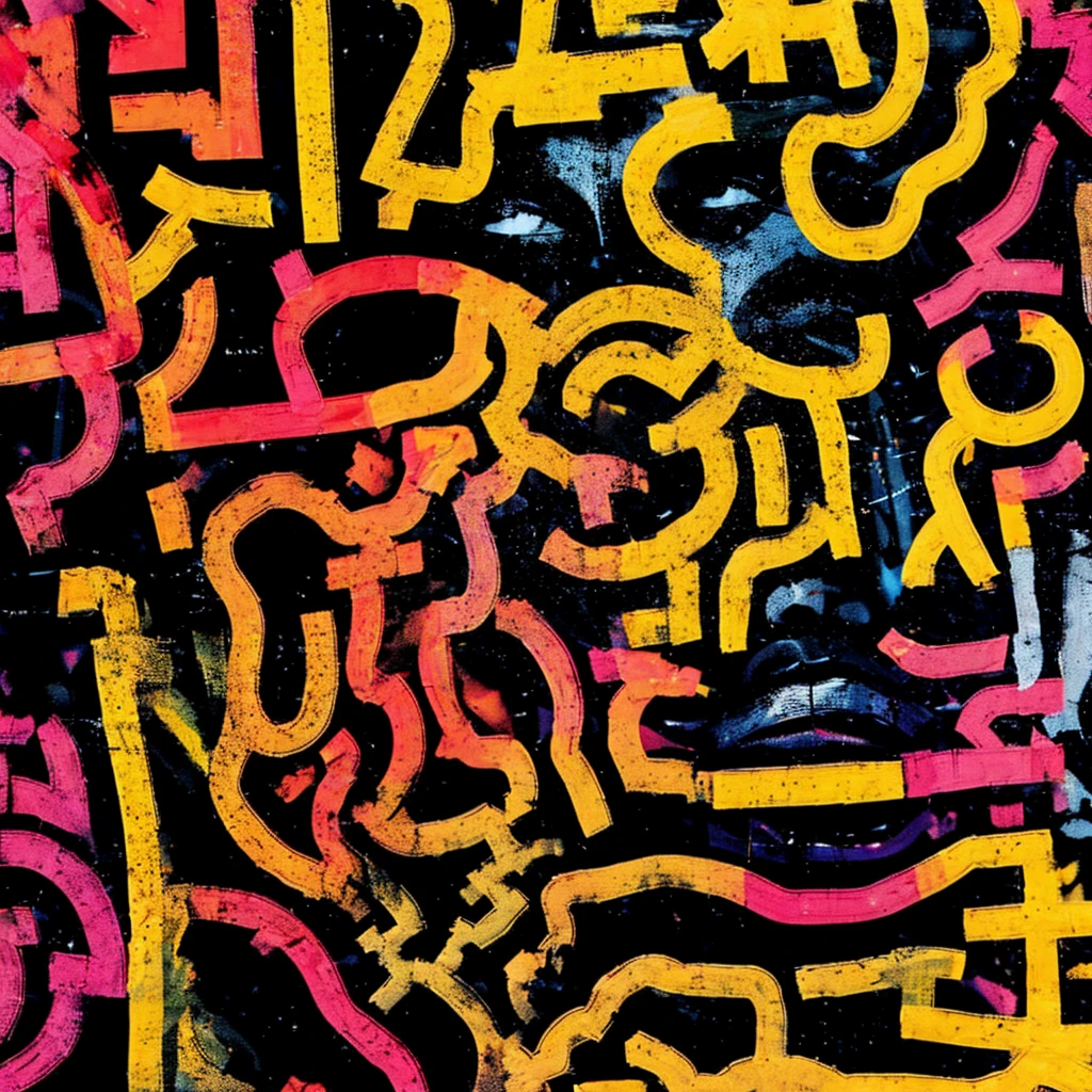 Folks, Colorful 1 prince, solo, simple background, black hair, english text, colorful background, abstract, album cover