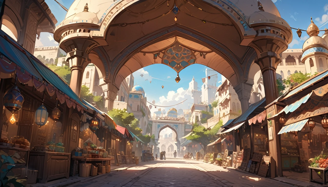 Highest quality,masterpiece,Arabian style town,landscape,There are no humans,Fantasy,Charming streetscape,Concept Art,Fantasy,market,high resolution,4K
