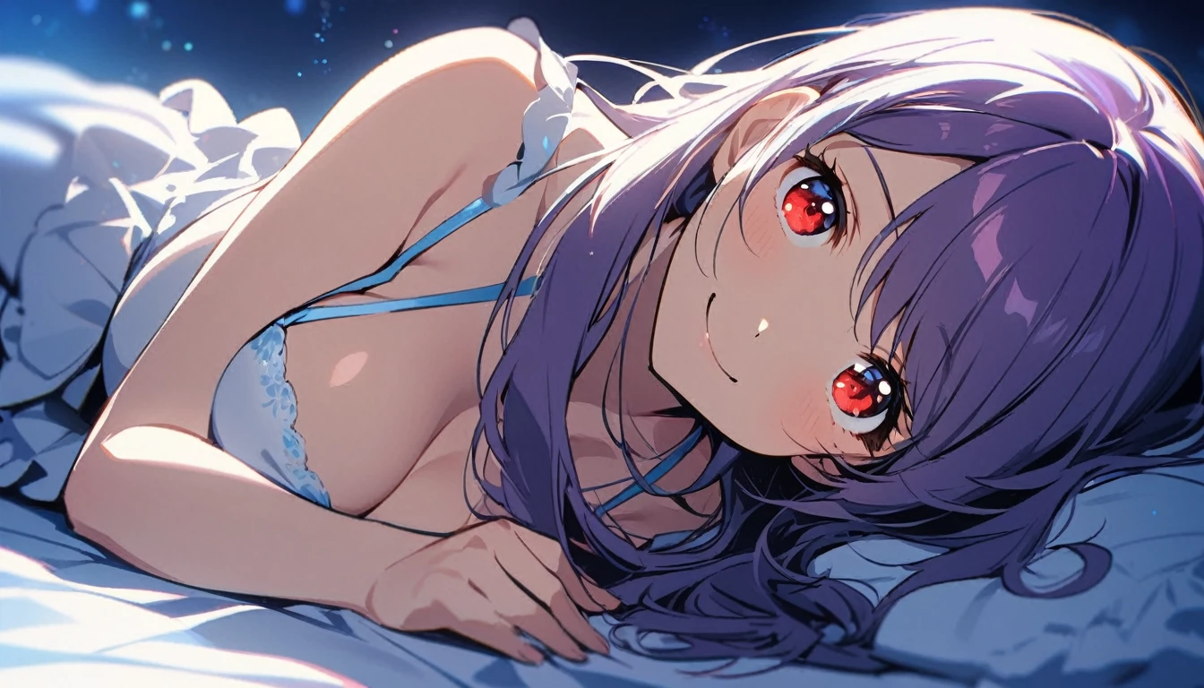 1female,purple hair,long hair,swept bangs,red eyes,tareme,large breasts,smile,upper body,underwear only,lying on bed,bed invitation,side view,looking at viewer,midnight,blue theme