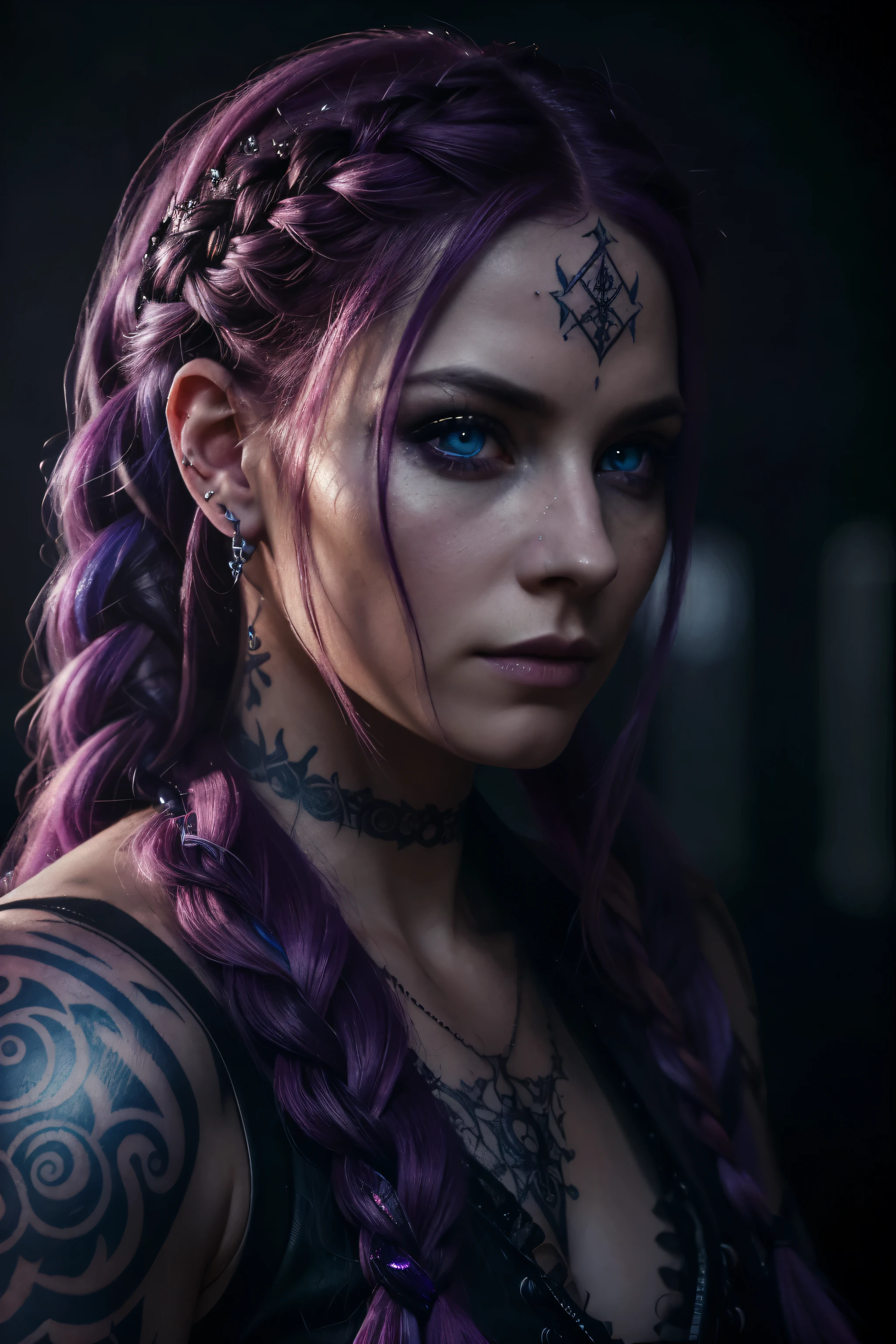 a dark soul witch, woman with long braided hair, purple and pink hair, piercing blue eyes, runes tattoos, (best quality,4k,8k,highres,masterpiece:1.2),ultra-detailed,(realistic,photorealistic,photo-realistic:1.37),intricate detailed portrait, dark fantasy, dramatic lighting, moody atmosphere, cinematic composition