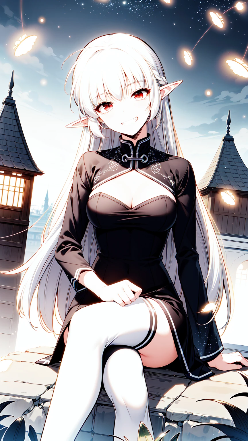 best quality, (masterpiece:1.2), detailed, alice, grin, grey hair, long hair, red eyes, pointy ears, large breasts, black dress, cleavage cutout, long sleeves, thighhighs, thigh strip, sitting, crossed legs, head tilt, looking at the viewer, castle, night, fireflies, starry sky