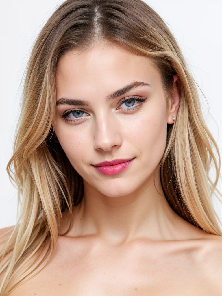 professional, (4K photo:1,1), (Focus:1,3), high detail, playful 18 year old Italian girl, (attractive young woman:1.3), (seductive:1.1), beautiful detailed face, blue eyes, blonde hair, (blushing:1.1), Beautiful young and athletic body, small and round breasts:1.2, beautiful smile, photo in studio with completely white background, close up, In topless, eyeliner and pink lipstick, jewelry, posing provocatively