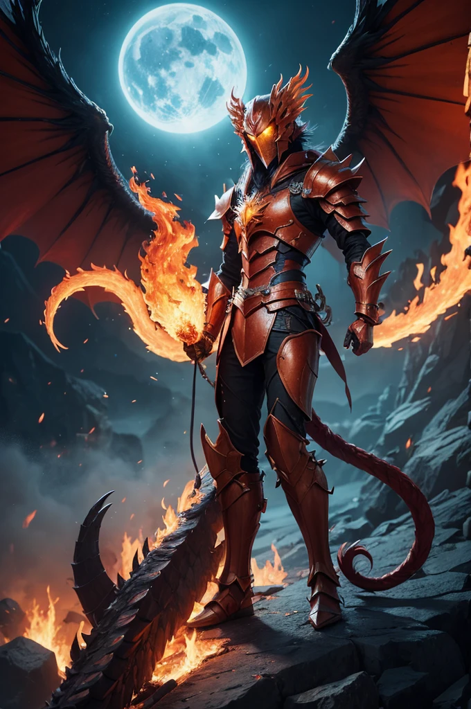 Legendary monster with fire handles and benevolent armor and fire phoenix tail