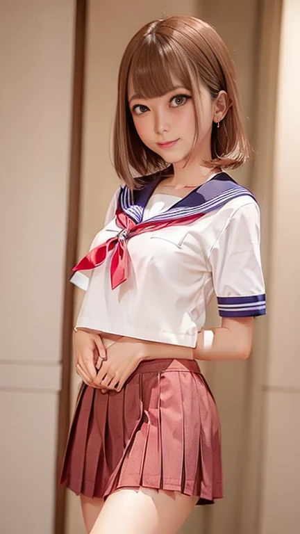 ((White short sleevesセーラー服、女子White short sleeves水兵服))、((Summer clothes、White short sleeves、(Navy blue pleated mini skirt、Red ribbon)、I can see your belly button))、1 girl、21 years old、Tight Abs、Slim body、masterpiece:1.3、Highest quality、Raw photo、Bob Hair、Brown Hair、Big Breasts、