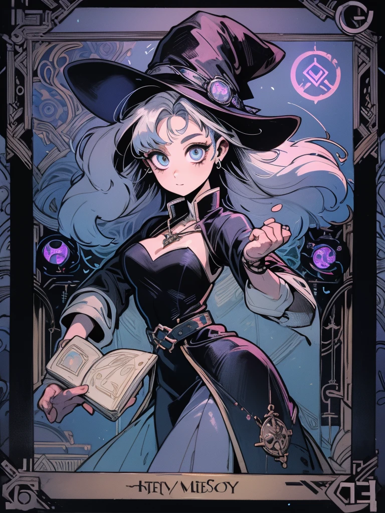 depicts a modern-day witch who has embraced the world of cybernetics to enhance her magical abilities. The artwork should convey the enchanting blend of traditional witchcraft and futuristic technology. Here are some specific elements to include: The Witch's Lair: The setting should be a cozy yet slightly eerie room, filled with magical books, crystal balls, potion ingredients, and antique furnishings. The room should be dimly lit by candles and a soft, mystical glow emanating from her cybernetic enhancements. The Cyborg Witch: The central focus of the artwork is the witch herself. She's a striking figure with a mix of traditional witch attire and cybernetic enhancements. Her clothing should have a witchy, occult aesthetic, with flowing robes, a pointed hat, and an intricate pentagram necklace. Her arms, however, have been upgraded with cybernetic components that incorporate magical symbols and glowing runes. Magical Interface: The witch is in the midst of casting a spell, with a holographic, touch-screen interface floating before her. This interface includes spell incantations, arcane symbols, and digital components, demonstrating her fusion of magic and technology. Spell Ingredients: On a nearby table, there should be a collection of spell ingredients, like herbs, potions, and magical artifacts. Some of these items may have been modified with cybernetic enhancements, blurring the line between the natural and the technological. Familiar: The witch's familiar, perhaps a cat or raven, should be present in the scene, serving as her magical companion. The familiar could also have subtle cybernetic enhancements or glowing eyes. Glowing Runes: The room should be adorned with ancient symbols and glowing runes on the walls and floor, contributing to the magical atmosphere. Aetherial Lighting: Use a combination of mystical, ethereal lighting and cybernetic glows to create a captivating interplay of light and shadow. The contrast between the tradit