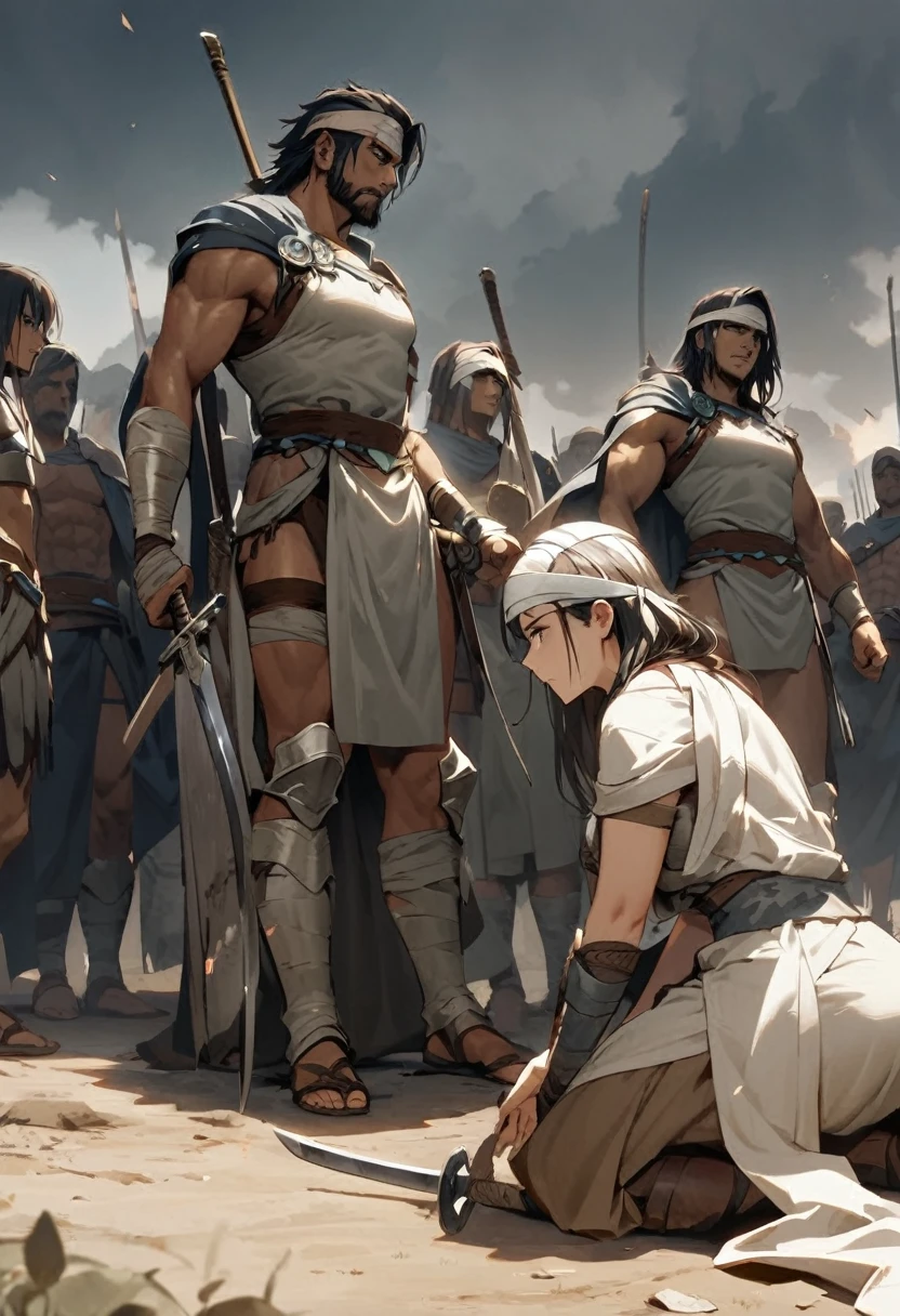 A group of warriors of the Spartan culture kneeling before a woman in traditional clothing who carries two swords and a bandage on her head 