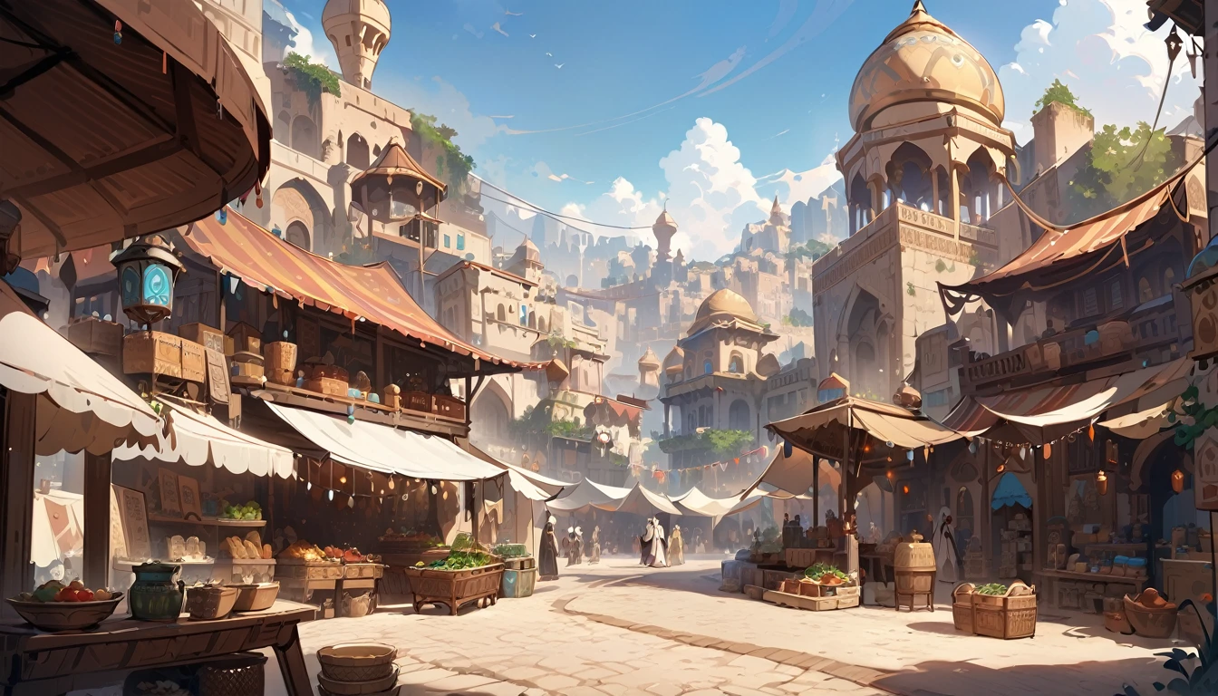 Highest quality,masterpiece,Arabian style town,landscape,There are no humans,Fantasy,Charming streetscape,Concept Art,Fantasy,market,high resolution,4K,Atmospheric